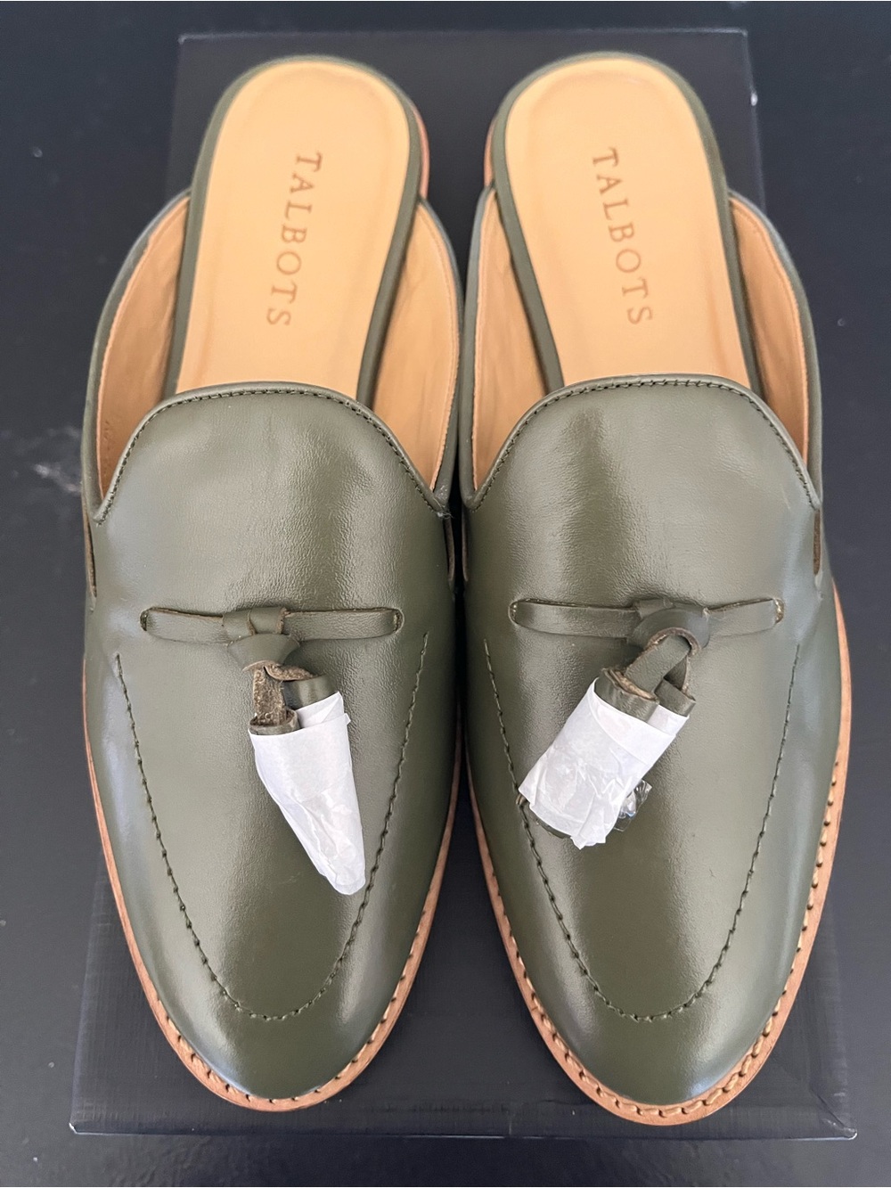 Talbots Olive Green Leather Tassel Slip-On Mules NIB
